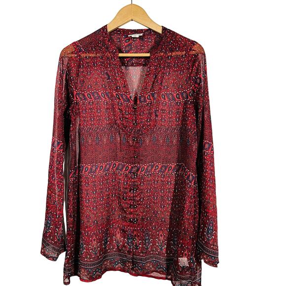 Converse Semi Sheer Ball Button Tunic Top Peasant Blouse Red Print Long Slv - S - Picture 1 of 6